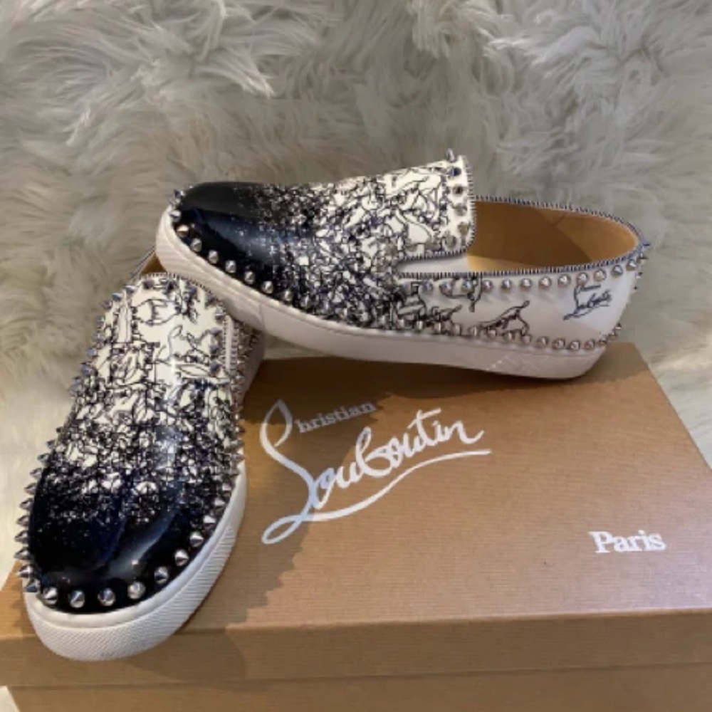 Christian Louboutin Pik Boat Degraloubi White Black Spike Flat Slip on Sneakers